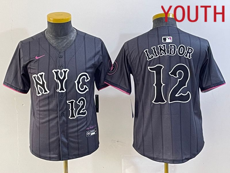 Youth New York Mets #12 Lindor Black City Edition 2024 Nike MLB Jersey style 1->women mlb jersey->Women Jersey